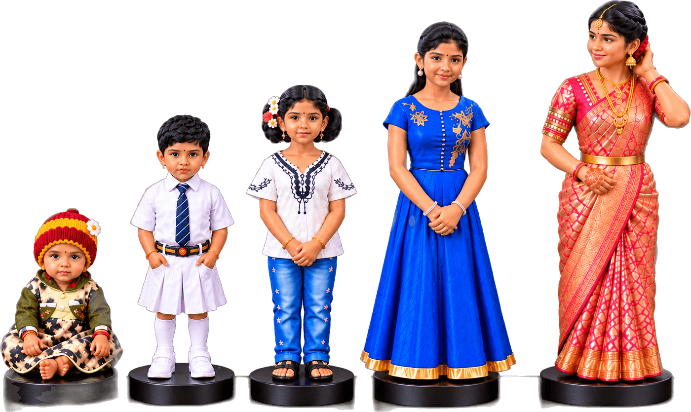 A life timeline of five collectible figurines, from baby to adult, displayed on a wooden stand